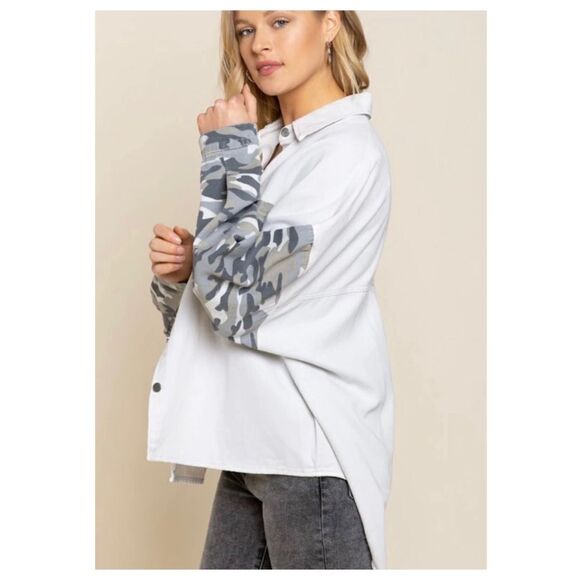 beige Cream Camo Oversized Shacket - Picture 14 of 16